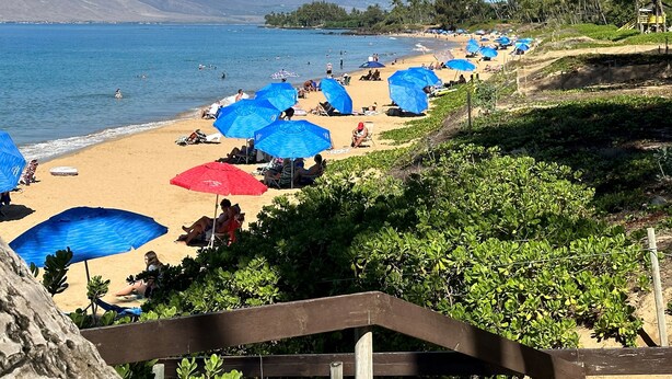 Uma praia com guarda-sóis, pessoas e montanhas ao fundo.