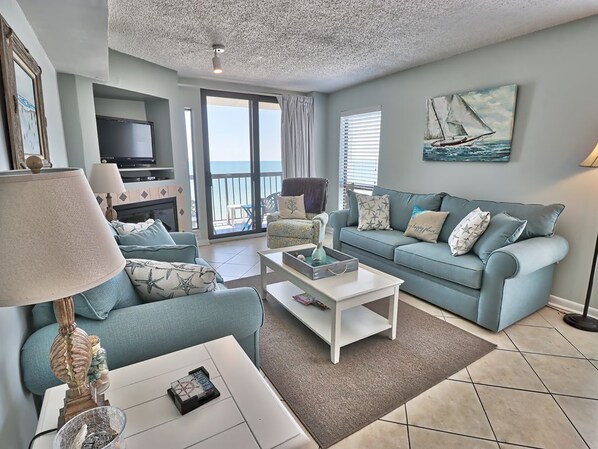 TV, fireplace - Oceanfront Waterpointe1 907-3b/2b-Sleeps 6-Balcony-WIFI-TV-Pool-Family Friendly (North Myrtle Beach)