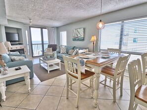 TV, fireplace - Oceanfront Waterpointe1 907-3b/2b-Sleeps 6-Balcony-WIFI-TV-Pool-Family Friendly (North Myrtle Beach)