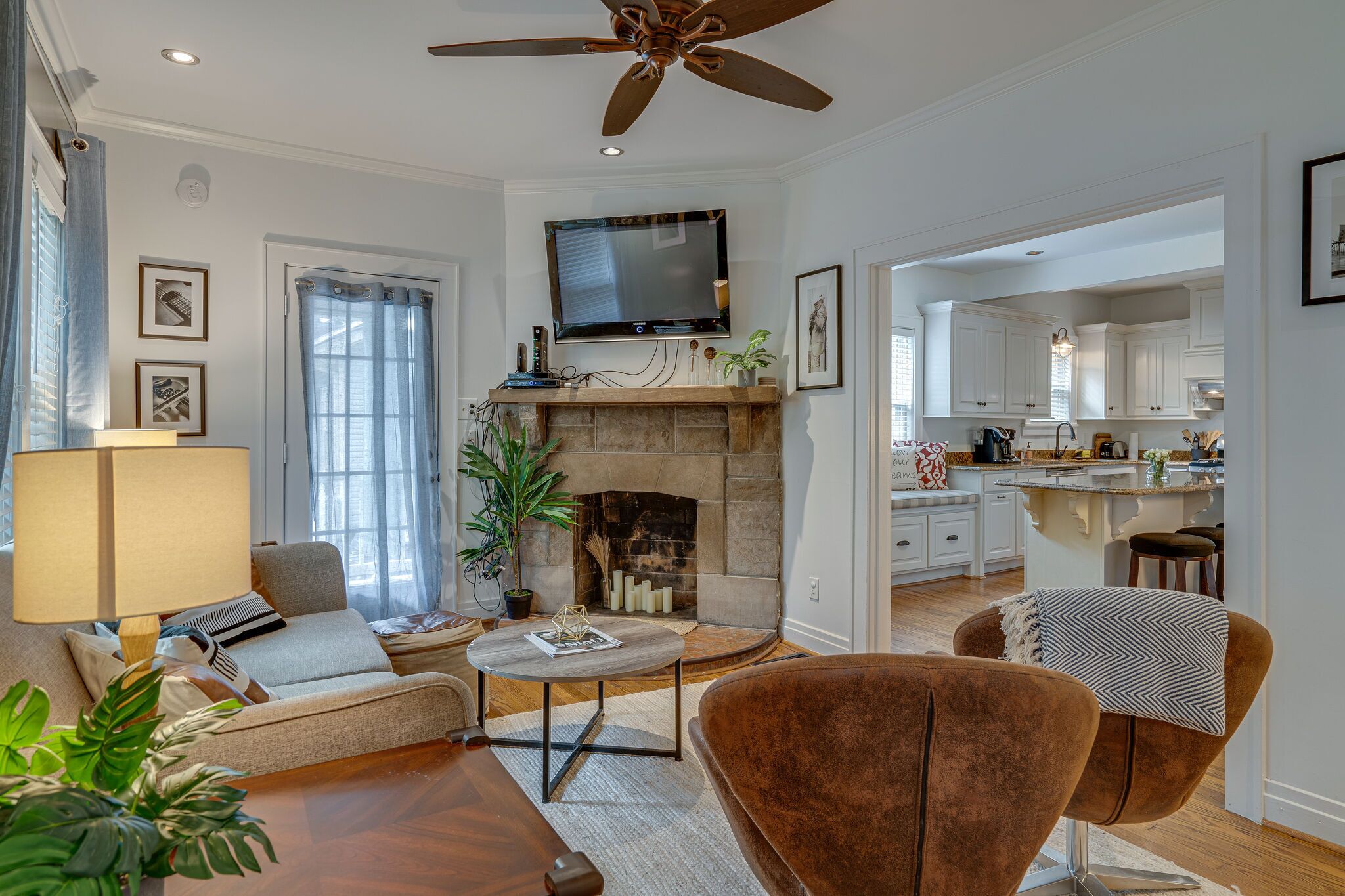 TV, fireplace, DVD player, music library