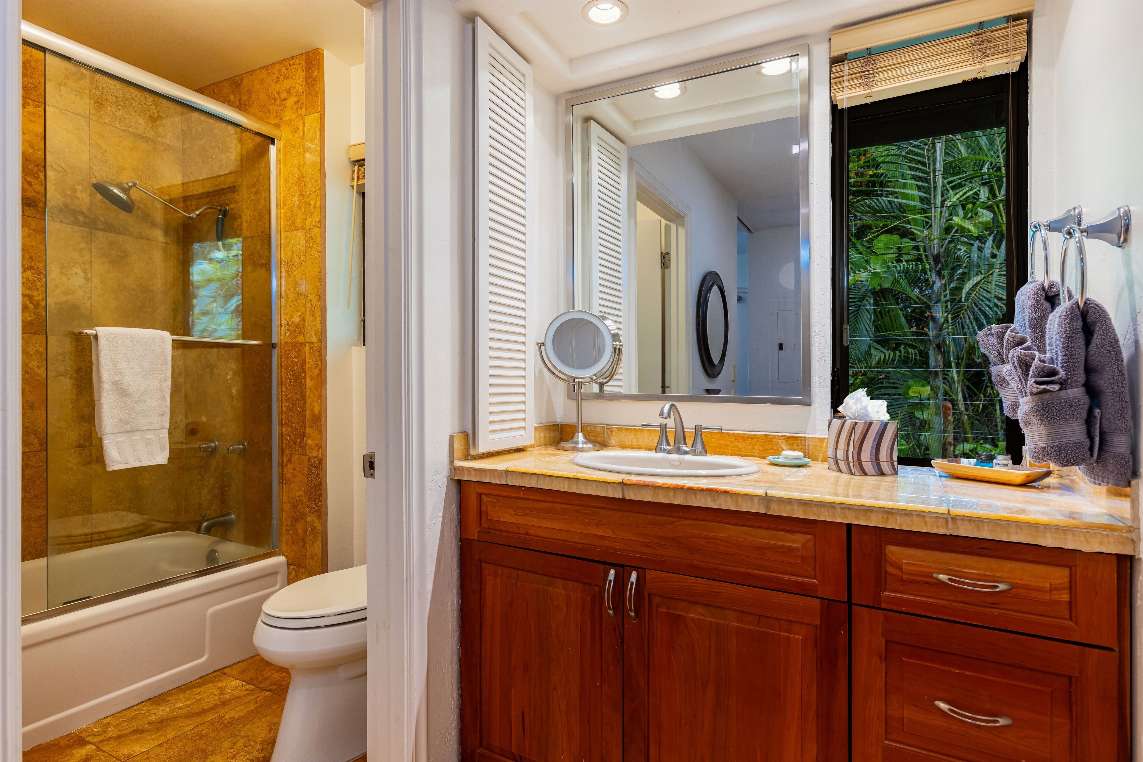 Combined shower/tub, hair dryer, towels, soap