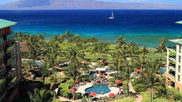 Een resort met een zwembad, palmbomen en uitzicht op de oceaan.