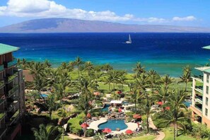 A resort with a pool, palm trees, and a view of the ocean.