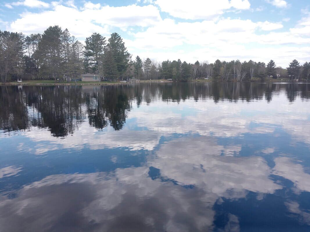 Un lago tranquillo con i riflessi degli alberi e un cielo sereno.