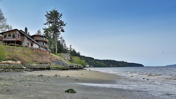 On the beach, sun loungers, beach towels