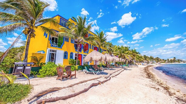 A colorful building with a beach view, palm trees, and a sandy beach. - One Bedroom Beachfront Efficiency Apartment (Akumal)