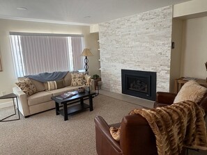 Televisión, chimenea y estéreo 