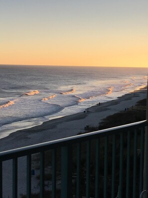 On the beach, sun-loungers