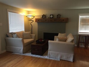 Smart TV, fireplace, books