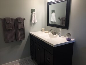 Shower, hair dryer, towels, shampoo