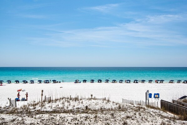 On the beach, sun loungers