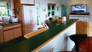 A modern kitchen with a green countertop, white cabinets, and a built-in sink. There is a refrigerator, a toaster, and a television on a stand.