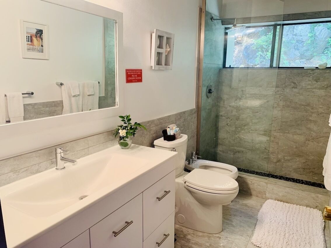 Une salle de bain avec un grand miroir, un lavabo, des toilettes et un espace douche.