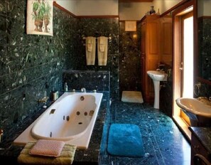 Shower, jetted bath, hair dryer, towels