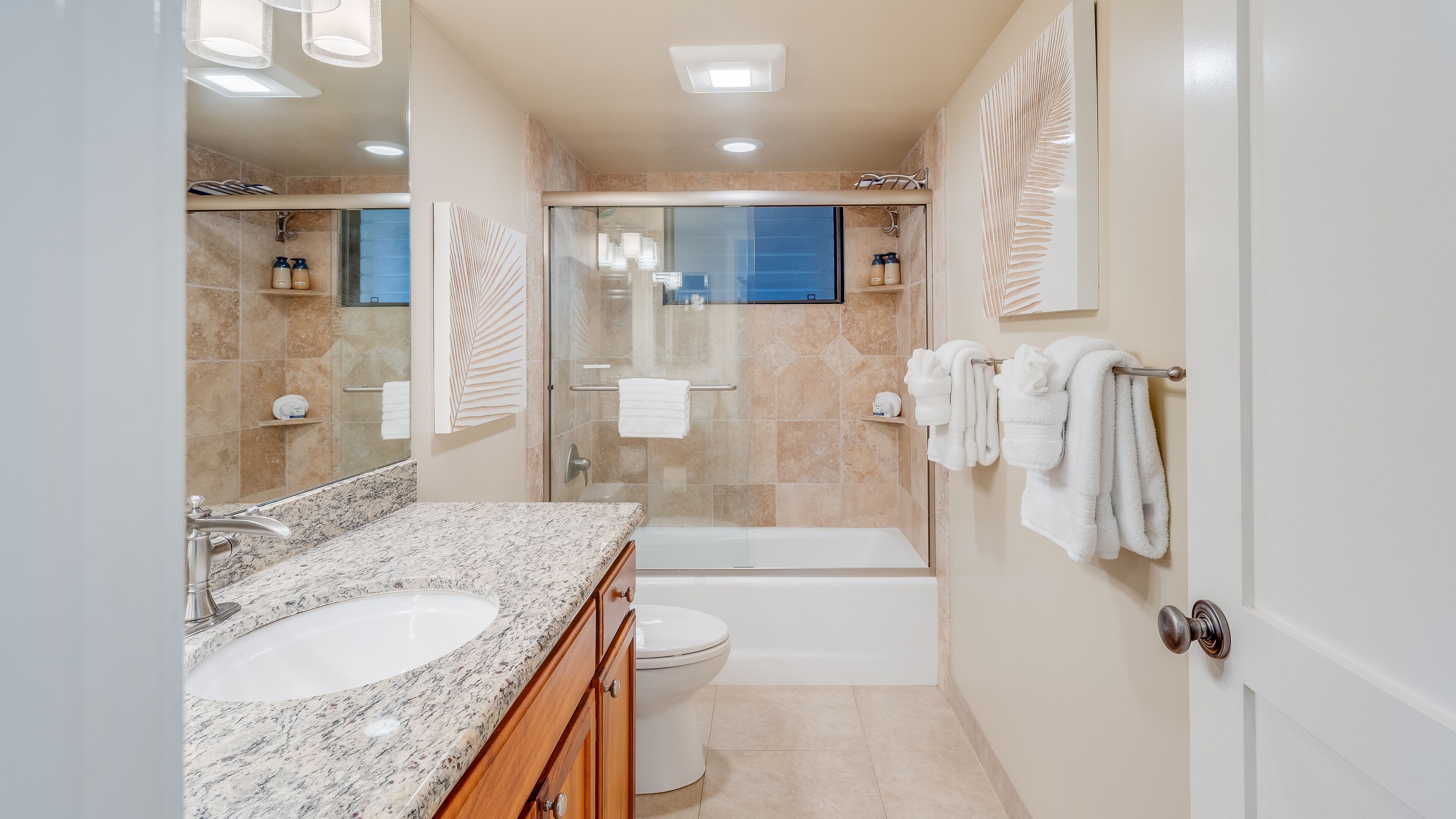 Combined shower/tub, hair dryer, towels, soap