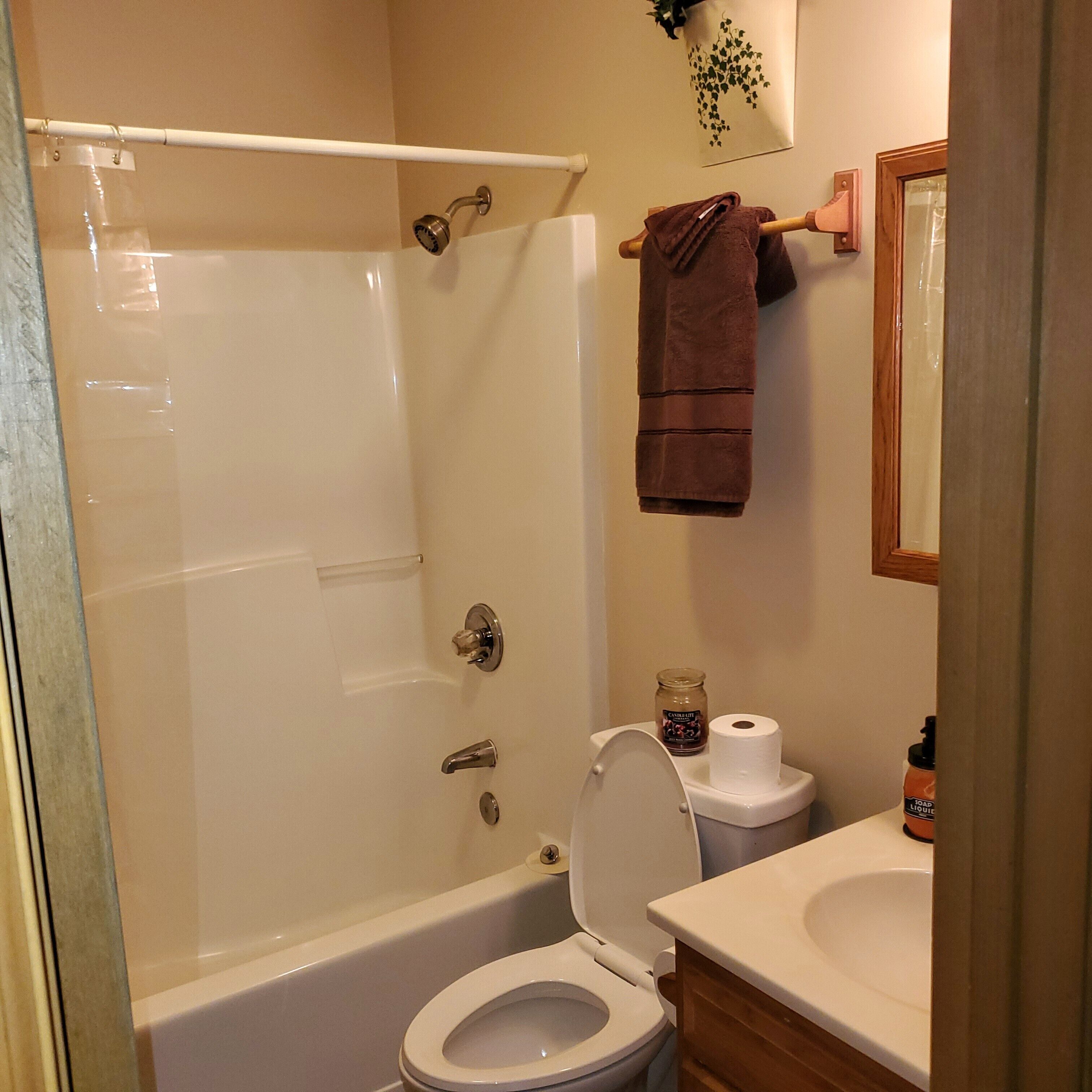 Une salle de bain avec une baignoire, des toilettes et un lavabo.