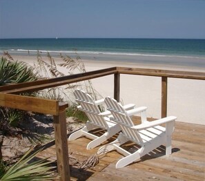 On the beach, sun-loungers, beach towels