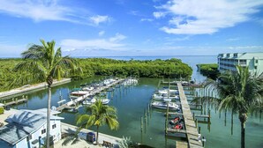 A marina with boats docked, surrounded by lush greenery and a clear blue sky.