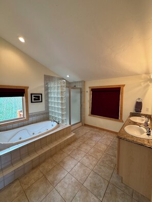 Ensemble douche/baignoire, baignoire à jets, sèche-cheveux