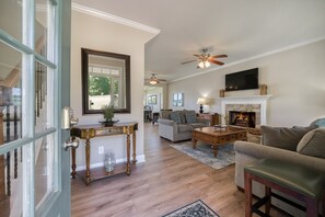 Smart TV, fireplace, books