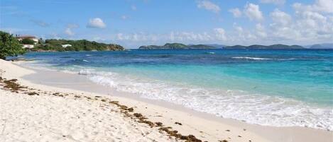 On the beach, sun loungers, beach towels
