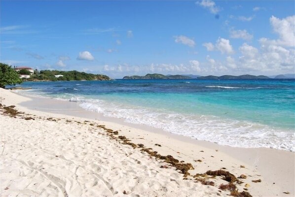 On the beach, sun-loungers, beach towels