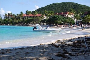 A beach with a boat, palm trees, and a building with red roofs. - Beachfront Tropical Paradise-Step Out the Door to the Beach!! (St. Thomas)