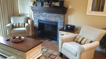 TV, fireplace, DVD player, books