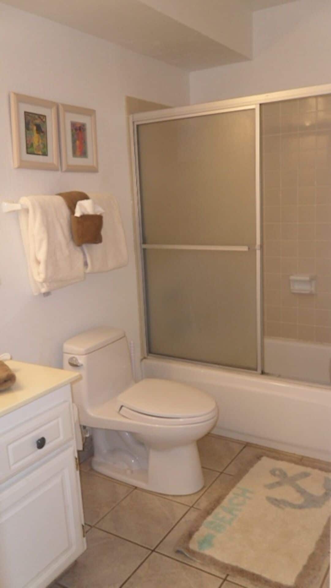 Combined shower/tub, hair dryer, bathrobes, towels