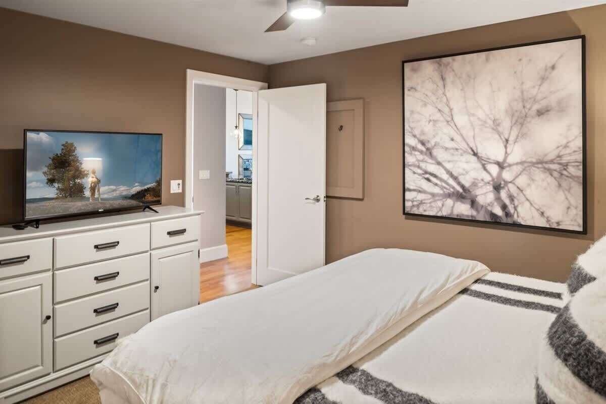 Een slaapkamer met een bed, een televisie op een dressoir, een deur en een schilderij aan de muur.