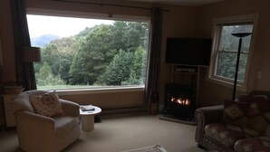 A living room with a fireplace, two sofas, a coffee table, and a view of a forest through large windows.
