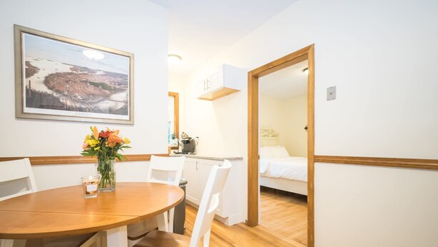 A room with a dining table, chairs, a vase with flowers, a bed, and a mirror.