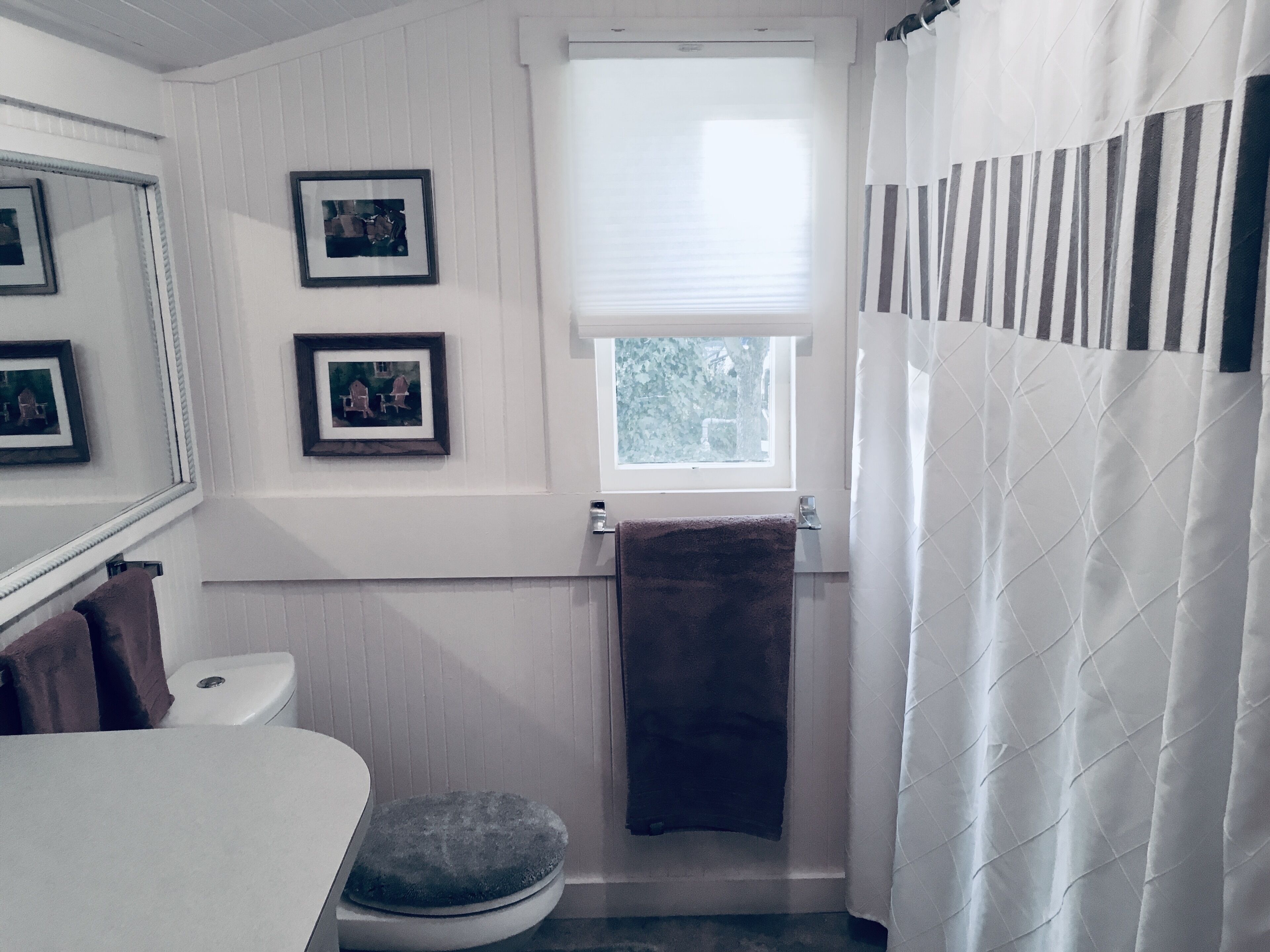 A bathroom with a toilet, a sink, a window, and framed pictures on the wall.