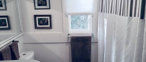 A bathroom with a toilet, a sink, a window, and framed pictures on the wall.