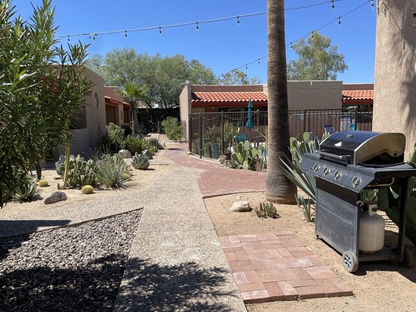 Un patio con una parrilla, un sendero de grava y diversos cactus y suculentas.