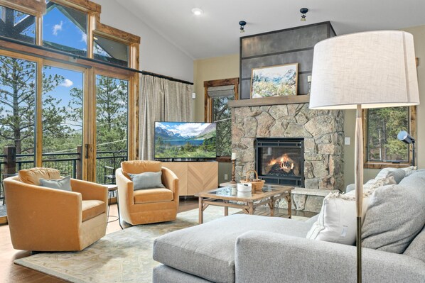 Smart TV, chimenea, libros