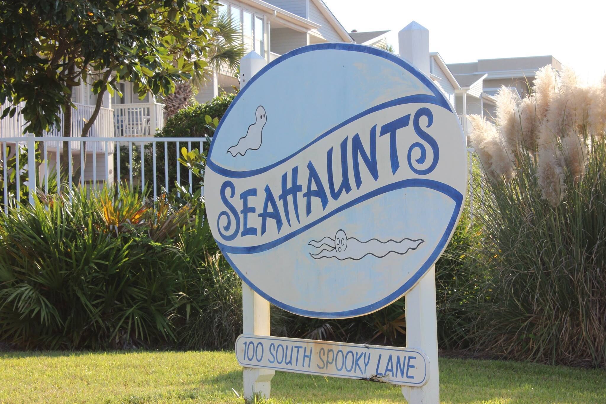 A sign for 'Seahawks' at 100 South Spooky Lane, featuring a ghost and a bird illustration.