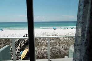 On the beach, sun-loungers, beach towels