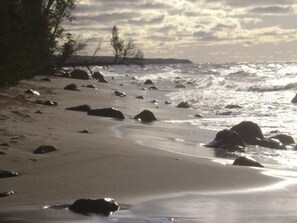On the beach, sun loungers, beach towels