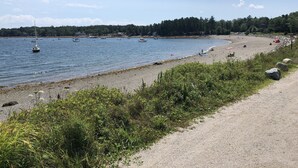 Ein Strand mit Booten, einem Sandufer und einem Wald im Hintergrund.