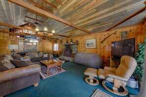 Smart TV, fireplace, books