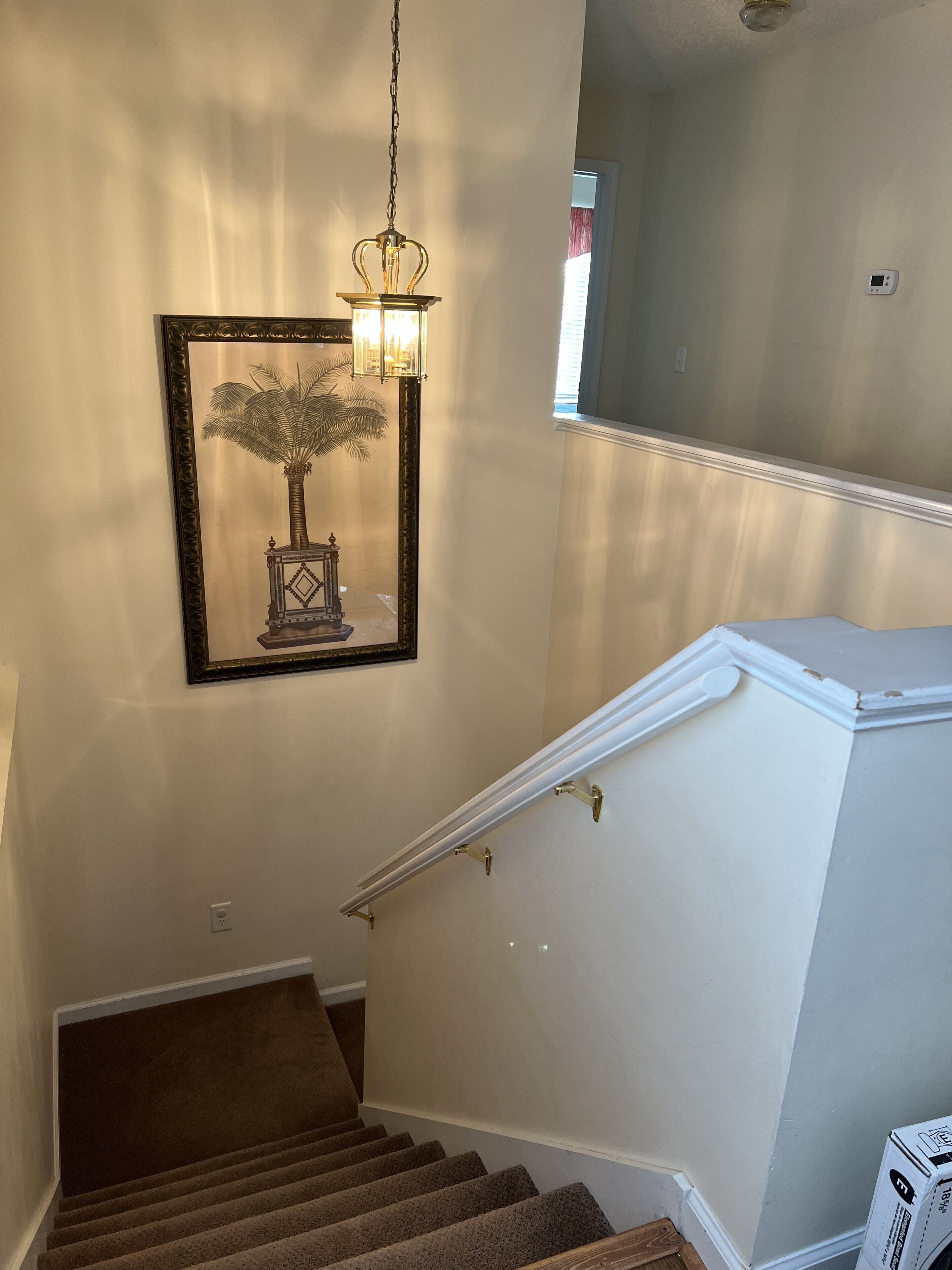 A staircase with a handrail, carpeted steps, and a wall-mounted light fixture.
