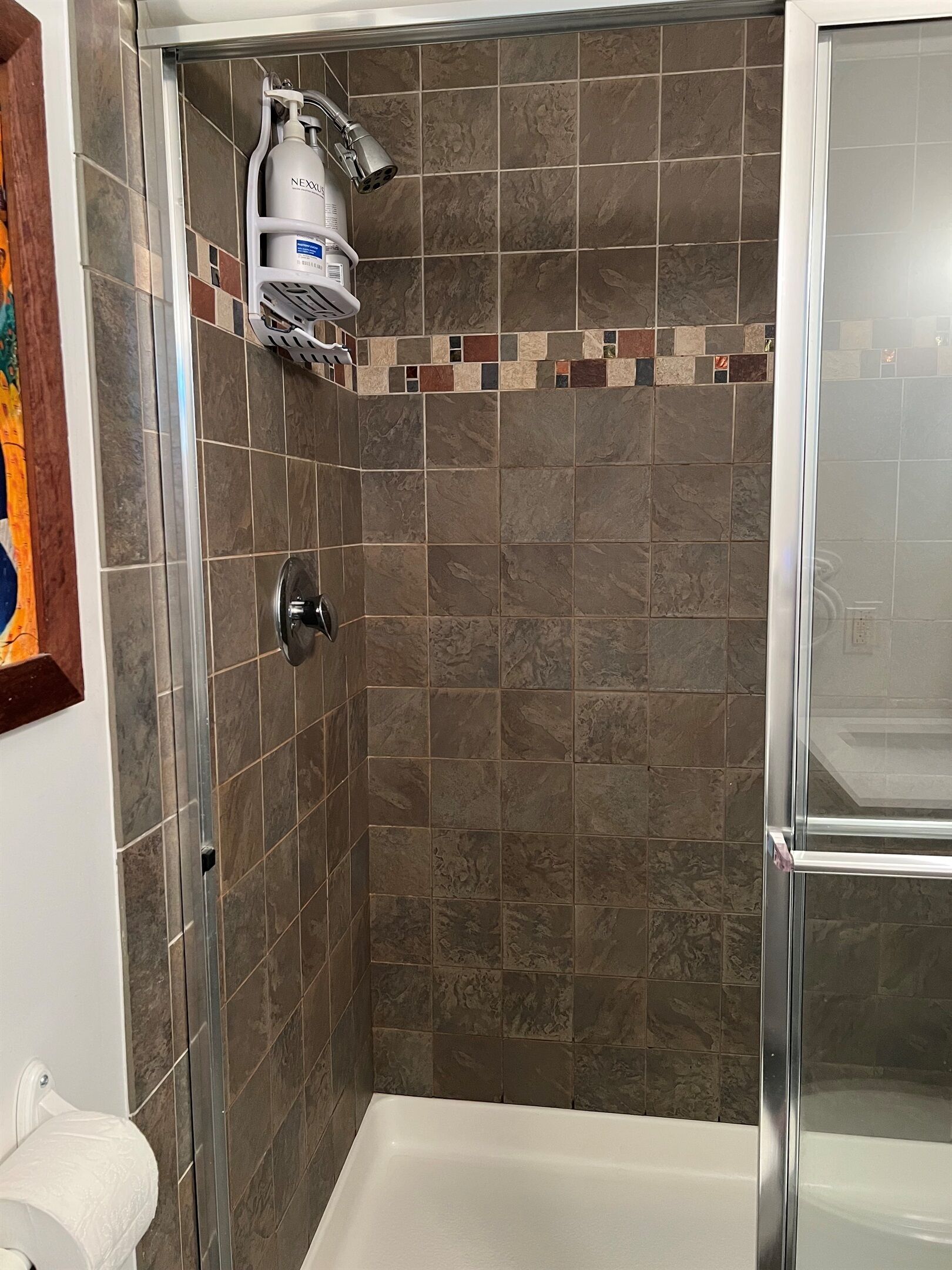 A shower area with a glass door, a showerhead, and a bottle of NEXXOS body wash.