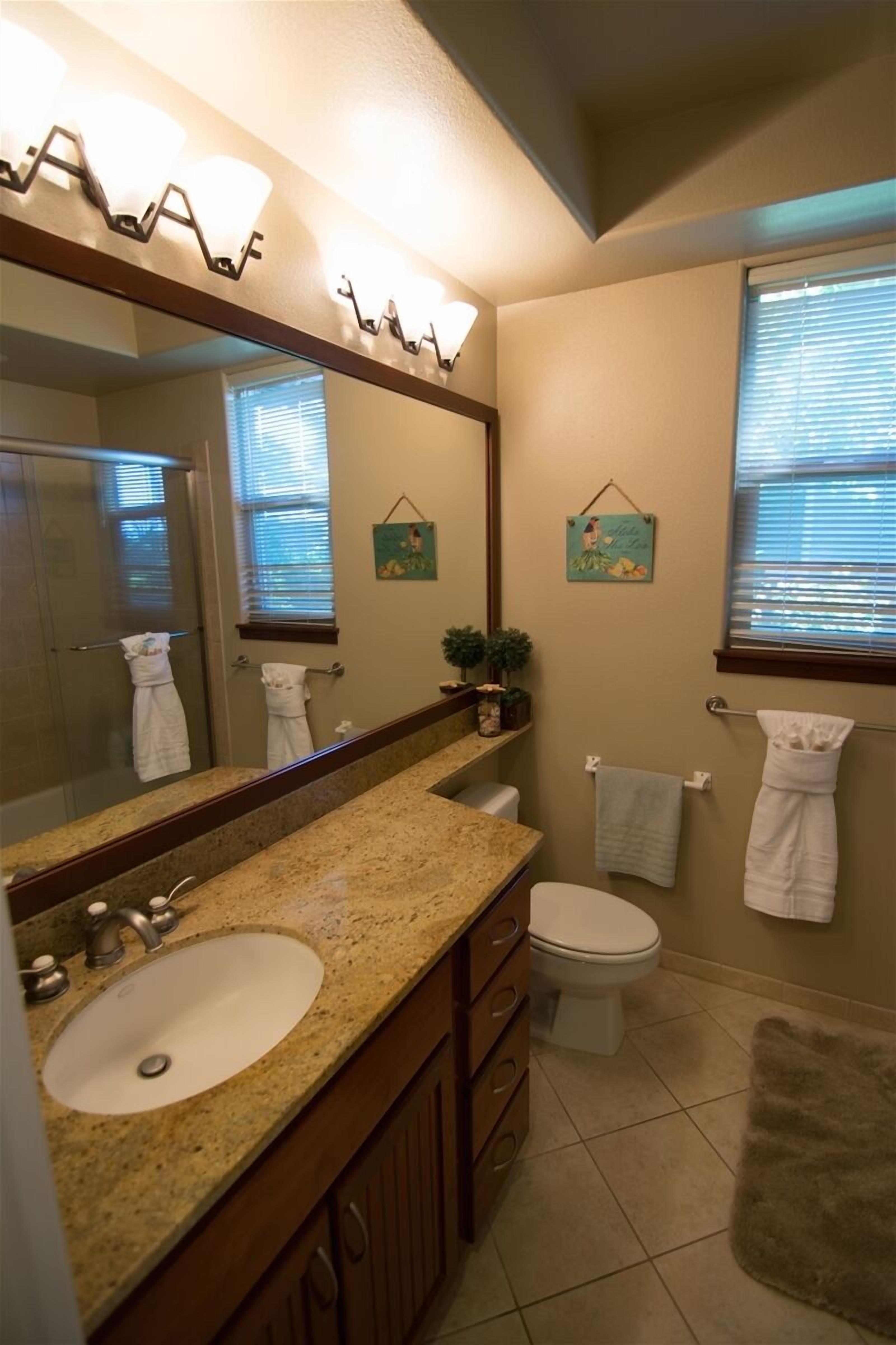 Bathtub, hair dryer, towels, shampoo