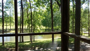 A view through a window with a wooden frame, overlooking a forested area with a body of water and a grassy area. - Forget-Me-Knot Cottage at The Wilderness of Mentone adjoins the LRCNP (Mentone)