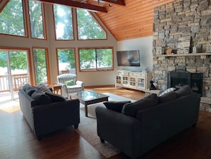 TV, fireplace, video games, DVD player