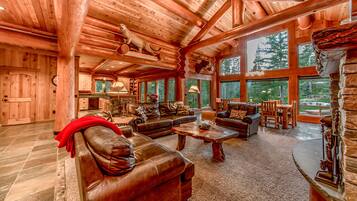 Smart TV, fireplace, table football, books