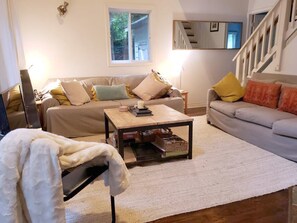 Televisión, chimenea, reproductor de DVD y videoteca 