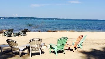 On the beach, sun-loungers, beach towels