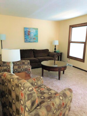 Smart TV, fireplace, DVD player, books